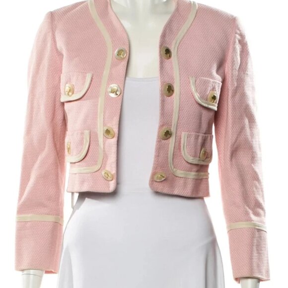 MOSCHINO Couture Italy Pink Jacket IVORY WHITE HEART TRIM USA 4 IT38 BOLERO - Picture 12 of 16